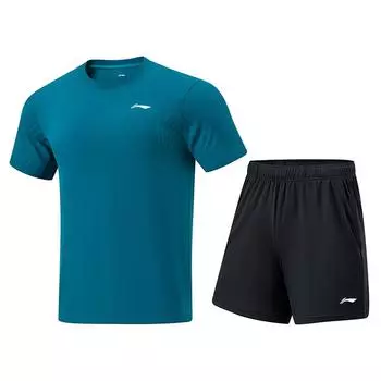 Li Ning Простой дышащий удобный топ с круглым вырезом и шорты с эластичной талией, повседневный спортивный костюм унисекс, комплекты кораллово-синего и черного цветов AATU015-4 XS