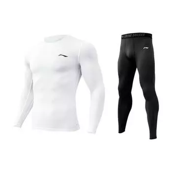 Li Ning простой круглый вырез свитер с длинным рукавом футболка и прямые брюки со средней талией фитнес костюм мужской активный белый черный YUDT061-2+YULT057-1 S