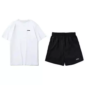 Li-Ning Простой свитер с круглым вырезом и логотипом, футболка с коротким рукавом и прямые шорты со средней талией, повседневный спортивный комплект для мужчин YTST079-2+AKST633-1 XL