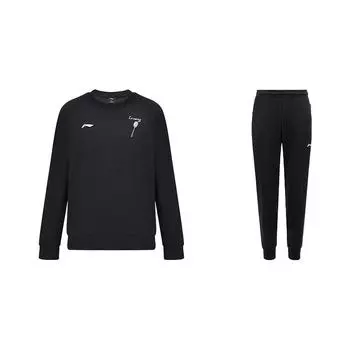 Li-Ning Простой удобный пуловер с круглым вырезом и мягкие спортивные штаны с манжетами, унисекс, комплект, черный AWDUH89-1+AKLTC39-1 S
