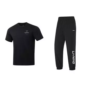 Li Ning прямой свитер с круглым вырезом, коротким рукавом, эластичной резинкой на талии, быстросохнущие длинные брюки, повседневный спортивный костюм, костюм унисекс, черный ATSU817-1+YYKU111-1 M