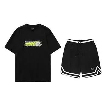 Li Ning Пуловер с круглым вырезом, футболка с коротким рукавом и шорты до колена со средней посадкой, повседневный спортивный костюм, унисекс, спортивная одежда, черный AHSUA03-2+YAPV001-1 M