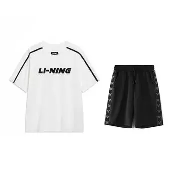 Li Ning Пуловер с круглым вырезом, футболка с коротким рукавом, модный простой удобный шорты, повседневный спортивный костюм, унисекс, спортивная одежда YHSU311-1+YKSV129-2 3XL