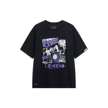 Li-Ning Быстросохнущий дышащий крутой пуловер с буквенным принтом и круглым вырезом, удобная повседневная футболка с короткими рукавами, мужские топы, черные AHSUD81-2 L