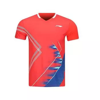 Li-Ning Quick-Dry Comfortable Casual Breathable Sports Training V-Neck Pullover Short Sleeve Badminton Shirt Men tops Red AAYV051-5 M