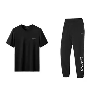 Li-Ning Quick-Dry Loose Fit Round Neck Short Sleeve Top Quick-Dry Straight Leg Cuffed Pants Casual Sports Suit Unisex suit Black ATSU819-1+YYKU111-1 S