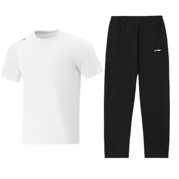 Li-Ning Quick-Dry Round Neck Pullover Breathable Simple Fitness Comfortable Casual Sports Suit Men suit ATSV597-1+AYKU703-1 S