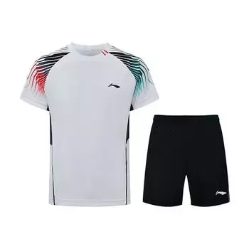 Li-Ning Quick-Dry Short Sleeve T-Shirt And Shorts Casual Sports Set Unisex Tops, Bottoms White Black AATU055-2 M