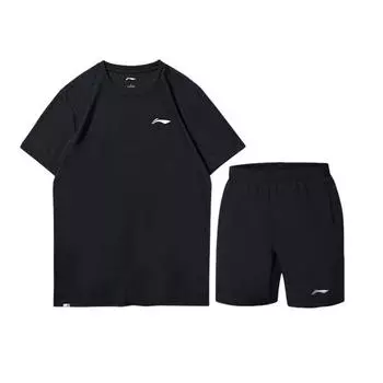 Li-Ning Quick-Dry Solid Color Running Training Breathable Round Neck Drop Shoulder Short Sleeve Sports Mid-Waist Elastic Waist Shorts Set AHST575-1-TZ S