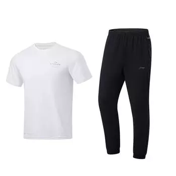 Li-Ning Quick-Drying Lightweight Breathable Short Sleeve Solid Color Long Pants Casual Sports Set Unisex Sportswear AYKU835-1+ATSU817-2 2XL