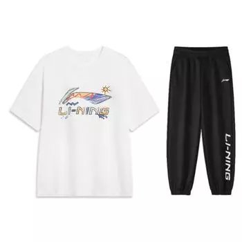 Li-Ning Расписанный вручную принт, круглый вырез, короткий рукав, повседневный спортивный костюм унисекс AHSU745-2+YYKU111-1 M