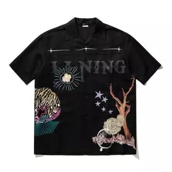 Li-Ning Однобортная дышащая рубашка с короткими рукавами Reignite Series с принтом букв, топы унисекс, черные ASHU047-2 S