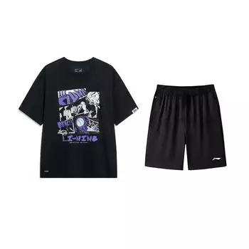 Li-Ning Retro American Printed Fashion Summer Trendy Versatile Short Sleeve T-Shirt Casual Sports Suit Unisex Tops YHSU207-1+AKSV843-1 L