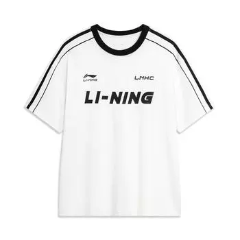 Li-Ning Ретро американский логотип в полоску с принтом круглый вырез Свободная удобная повседневная футболка с короткими рукавами и заниженными плечами Топы унисекс Off-White AHSU657-1 L