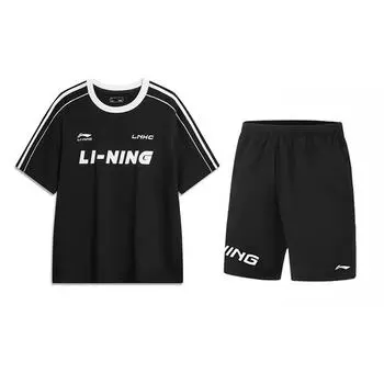 Li-Ning Retro Loose Short Sleeve T-Shirt Trendy Quick-Dry Comfortable Shorts Casual Sports Suit Unisex Sports Suit Black YHSV367-2+YKSV113-1 M