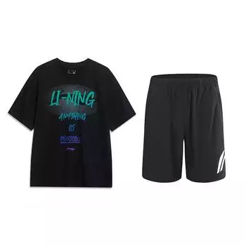 Li-Ning Round Neck Loose Comfortable Versatile Short Sleeve Elastic Five Point Pants Casual Sports Suit Unisex suit Black AHSU803-2+YKSU157-2 L