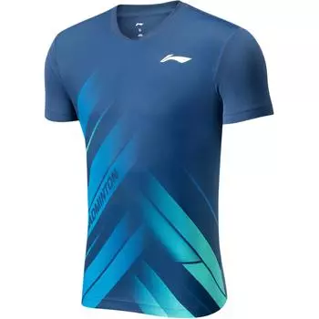 Li-Ning Round Neck Printed Knitted Sports Short Sleeve Badminton Shirt Unisex Tops Navy-Blue AAYU237-3 2XL