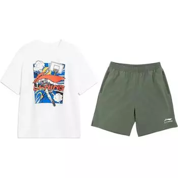 Li-Ning Round Neck Pullover Cartoon Logo Letter Print Fashion Versatile Casual Sports Suit Unisex suit AHSU805-2+YKSV147-1 S