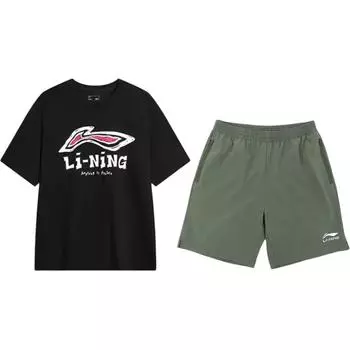Li-Ning Round Neck Pullover Letter Logo Print Quick-Dry Cool Comfortable Casual Sports Suit Unisex suit AHSU711-1+YKSV147-1 S