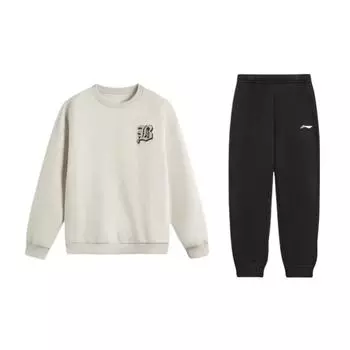 Li-Ning Round Neck Pullover Letter Print Loose Shoulder Long Sleeve Elastic Waist Long Pants Casual Sports Suit Unisex suit AWDV031-6+AKLSG35-1 L
