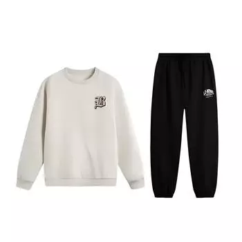 Li-Ning Round Neck Pullover Letter Print Long Sleeve Sweatshirt With Drawstring Cuffed Pants Casual Sports Set Unisex Sets AWDV031-6+AKLU939-4 S