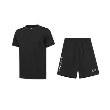 Li-Ning Round Neck Pullover Short Sleeve T-Shirt Solid Color Loose Versatile Shorts Casual Sports Suit Unisex suit AHSUA49-2+YKSV149-1 S