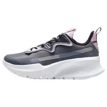 Li-Ning Round Toe Lace-Up Fabric Shock Absorption Non-Slip Wear-Resistant Rebound Low-Top Running Shoes Women sneaker Gray Pink ARHQ062-8 35
