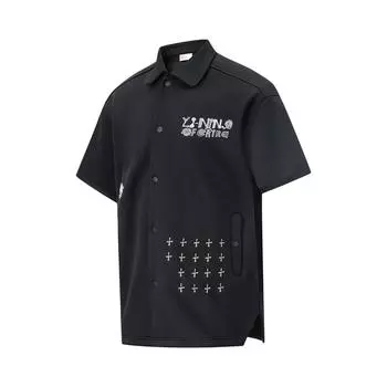 Li Ning Рубашка с вышивкой крестиком и надписью, свободного кроя, с коротким рукавом, унисекс, черная ASHT471-5 M