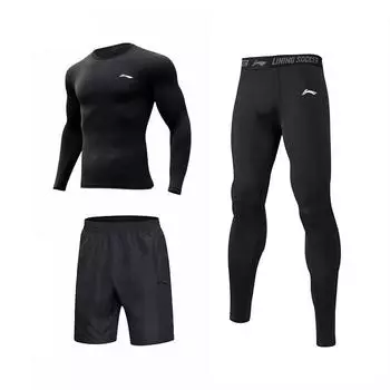 Li Ning Running Fitness Series однотонный логотип обтягивающий спортивный быстросохнущий топ эластичные брюки средней посадки фитнес-комплект мужской активный черный YWBU074-1 S