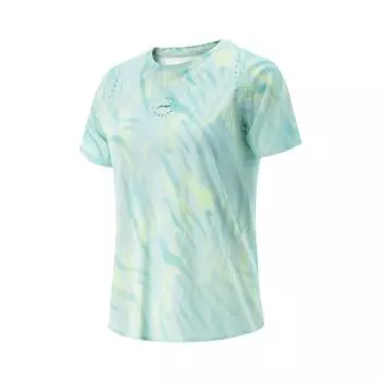 Li-Ning Running Series All-Over Print Breathable Versatile Short Sleeve T-Shirt Women Tops Cloud-Porcelain-Blue ATSV376-2 S