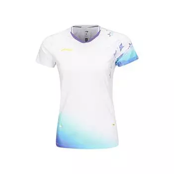 Li Ning Серия Бадминтон Быстросохнущая Футболка с V-образным вырезом Повседневная с логотипом бренда и надписью Короткий рукав Женская футболка Белая AAYV030-1 XL