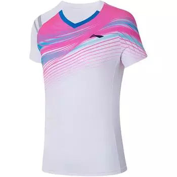 Li Ning Серия Бадминтон Быстросохнущая Футболка с V-образным вырезом и полосками с коротким рукавом Женские топы Стандартный-Белый AAYS056-2 L