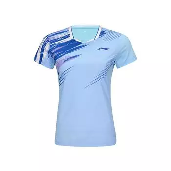 Li Ning Серия Бадминтон Быстросохнущая Охлаждающая Стильные Линии Соревновательная Футболка с Коротким Рукавом Женские Топы Ледяной Голубой AAYV048-5 S