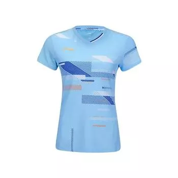 Li Ning Серия Бадминтон Быстросохнущая Прохладная Футболка с V-образным вырезом для соревнований и тренировок с коротким рукавом Женские топы Лунно-белый Синий AAYV022-5 S