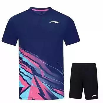 Li-Ning Серия Бадминтон Цветовой блок V-образный вырез Удобная Дышащая Универсальная Футболка с коротким рукавом Шорты средней посадки Повседневный Спортивный костюм AATV013-3 S