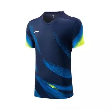 Li Ning Серия Бадминтон Полосатая футболка с V-образным вырезом Мягкая Удобная Дышащая Универсальная Футболка с коротким рукавом Унисекс Топы Морской синий AAYV167-4 S
