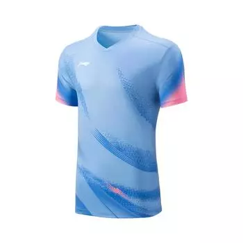 Li Ning Серия Бадминтон Полосатая Футболка с V-образным вырезом Мягкая Удобная Дышащая Универсальная Футболка с коротким рукавом Унисекс Топы Небесно-голубой AAYV167-5 S