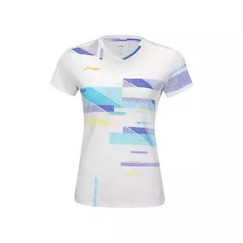 Li Ning Серия Бадминтон Принт Быстросохнущая Цветной блок V-образный вырез Футболка с коротким рукавом Женские топы Белый AAYV022-2 M