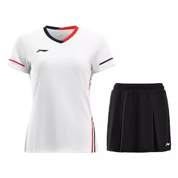 Li Ning Серия Бадминтон Сухая Простая Удобная Геометрическая Линия V-образный вырез Соревновательная Футболка Свободные Брюки Юбка Повседневный Комплект Женские комплекты AATV068-1 S