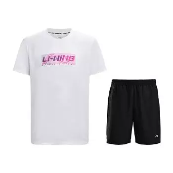 Li-Ning Серия Бадминтон Универсальный Креативный Логотип Свободный Пуловер Короткий Рукав Легкие Быстросохнущие Шорты Повседневный Спортивный Костюм ATSV627-2+AAPV137-1 M