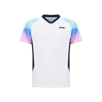 Li Ning Серия Бадминтон Высококачественная Динамичная Полосатая Мягкая Дышащая Футболка с V-образным вырезом и коротким рукавом Унисекс Топы Белый AAYV199-1 S