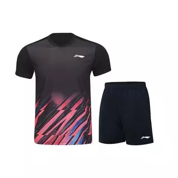 Li-Ning Серия Club Быстросохнущая Бадминтон с коротким рукавом Хенли Вырез Расслабленный Спортивный костюм Мужские комплекты Черный AATU031-1 M