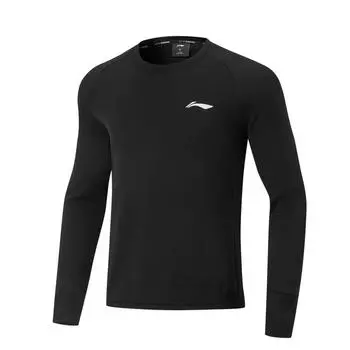 Li Ning Серия для бега Спортивная повседневная Простая однотонная футболка с круглым вырезом и длинным рукавом Мужские топы Черный ATLU225-1 3XL
