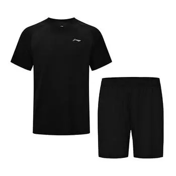 Li Ning Серия Фитнес Однотонный Прохладный Топ с Круглым Вырезом Шорты с Высокой Посадкой Эластичные Удобные Повседневный Спортивный Комплект Унисекс комплекты Черный AATV059-1 S
