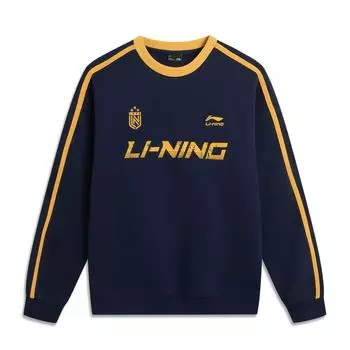 Li Ning Серия спортивного образа жизни Свитшот унисекс с круглым вырезом, универсальный, свободного кроя, в стиле ретро, с цветными блоками и полосками с буквами, темно-темно-синий AWDVF87-4