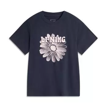 Li Ning Серия Спортивный Стиль Жизни Буквенный Растительный Цветочный Круглый Вырез Универсальная Футболка с Коротким Рукавом Женская Футболка Насыщенный Темно-Синий AHSVB40-9 S