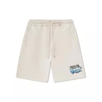 Li Ning Шорты спортивные удобные свободные с принтом букв, средней посадки, на кулиске, унисекс, овсяно-серые AKSU215-2 S