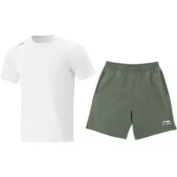 Li-Ning Simple Quick-Dry Breathable Round Neck Short Sleeve Comfortable Versatile Five-Point Pants Casual Sports Suit ATSV597-1+YKSV147-1 S
