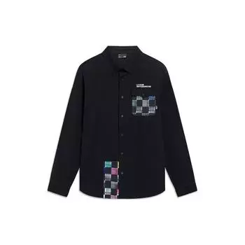 Li Ning Skateboard Series Logo Letter Embroidery Print Свободная повседневная рубашка с длинным рукавом Мужские рубашки черного цвета ASHT015-1 XL