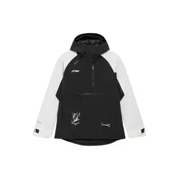 Li Ning Ski Series Ski с карманом на молнии и буквами Color Block Свободная хлопковая куртка с капюшоном Куртка унисекс, черная AHXR054-3 M